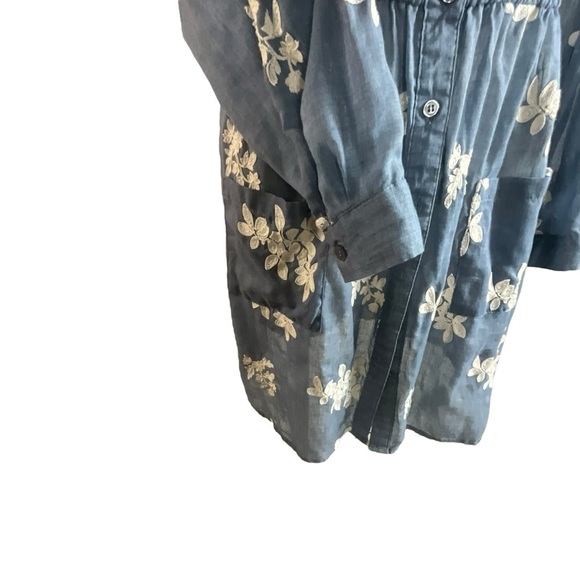 New York & Company Embroidered Floral Gauzy Denim Blue and White Dress - Picture 3 of 14